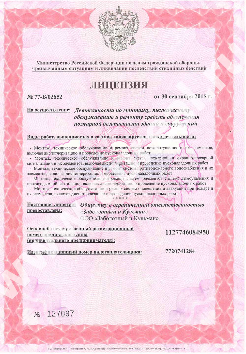 Бланк лицензии МЧС