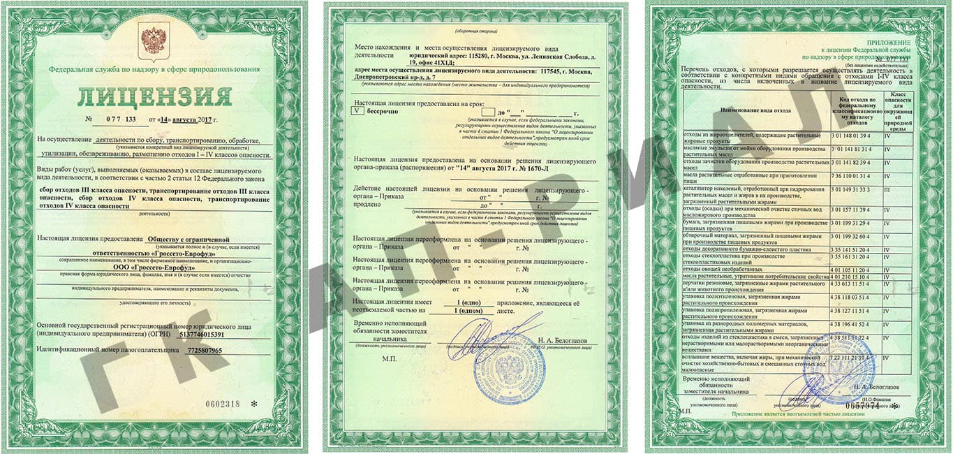 Лицензия на отходы ООО ГроссетоЕврофуд 14 августа 2017 года